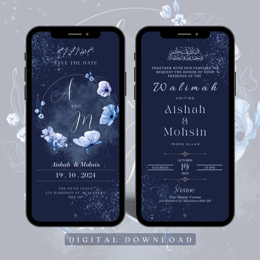 Digital Walimah Nikkah Evite - Dark Blue Floral Design