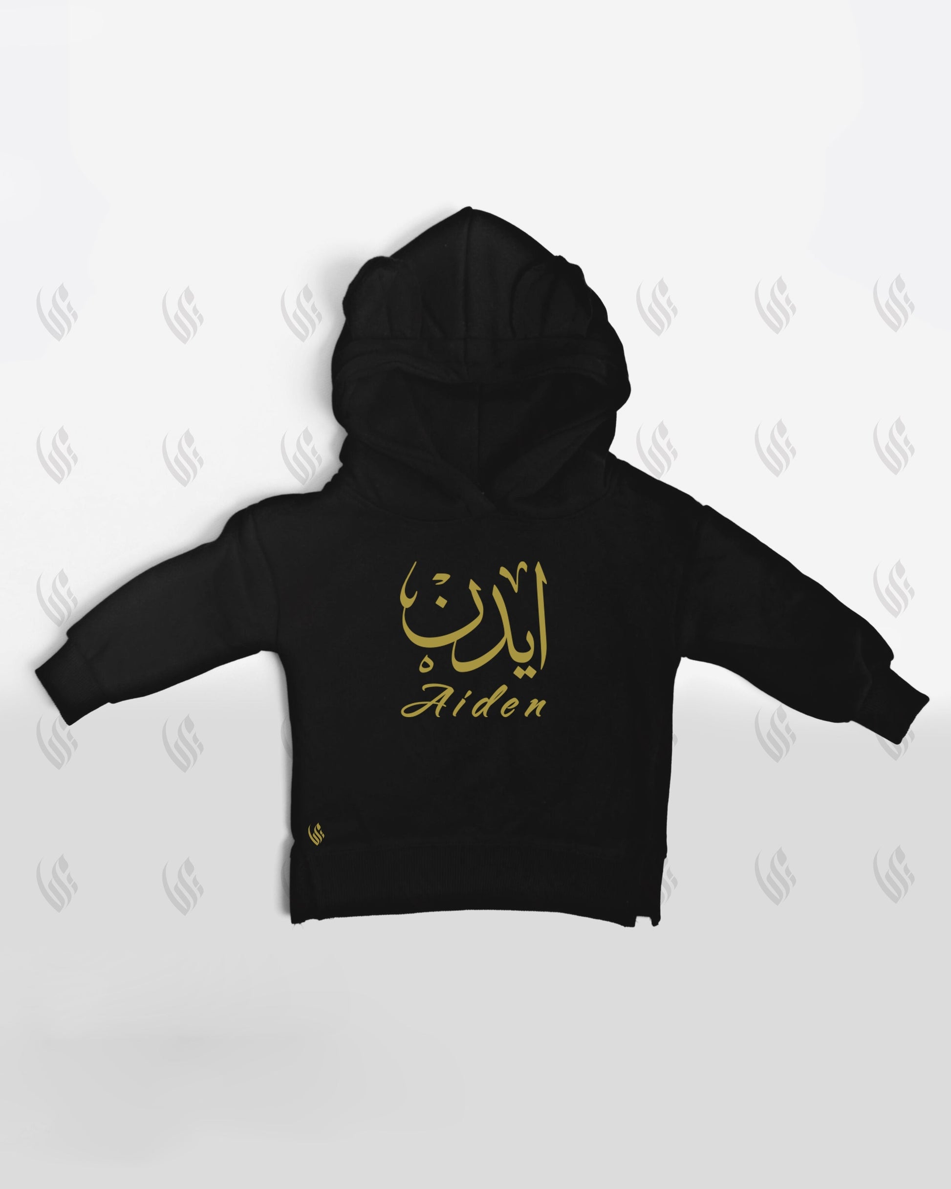 Islamic Arabic Calligraphy Personalized Black Baby Bear Hoodie - This custom hoodie for babies, toddlers, and children features intricate Arabic calligraphy on a stylish black backdrop. Personalize with their name or a meaningful phrase, making it a cherished keepsake. A perfect Islamic gift, blending culture, spirituality, and fashion. Shop now for this unique and adorable Islamic baby bear hoodie in black